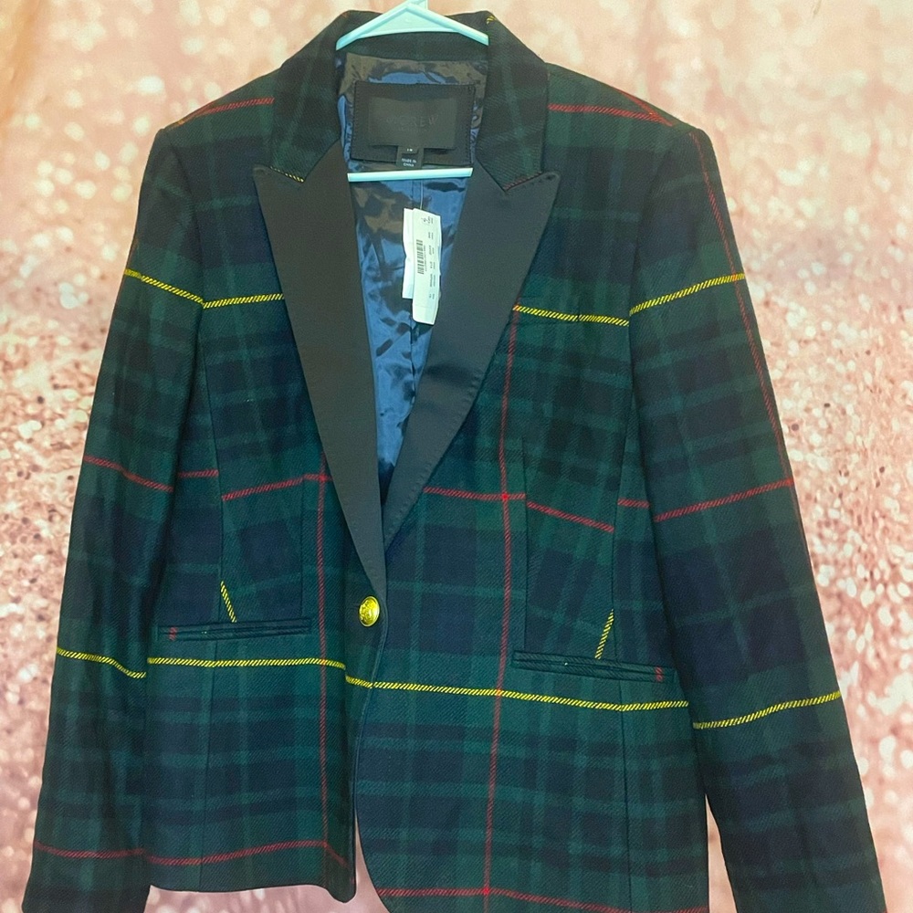 NWT J Crew Green Plaid Blazer w/satin collar!